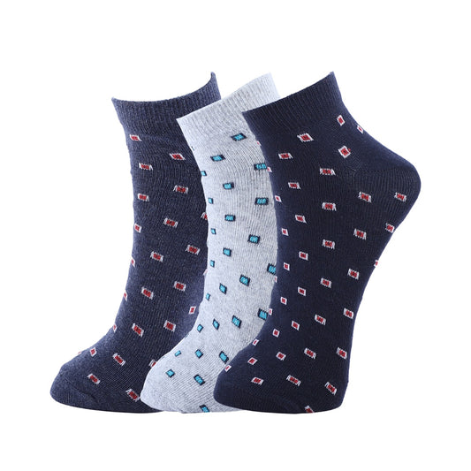 Mens's Ankle Cotton Socks Navy, Dark Grey & Grey Dotted Design Pack of 3